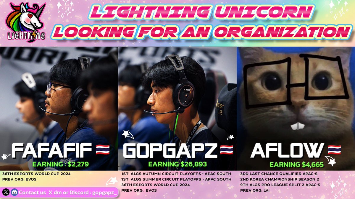 RVL aflow (@aflowfn) on Twitter photo Team Lightning Unicorn ๐ฆ is looking to represent an Organization for ALGS 2025 and all future tournament 
Contact : <a href="/aflowfn/">RVL aflow</a> / <a href="/ItsGOPGAPz/">RVL GOPGAPz</a> Team Lightning Unicorn ๐ฆ is looking to represent an Organization for ALGS 2025 and all future tournament 
Contact : <a href="/aflowfn/">RVL aflow</a> / <a href="/ItsGOPGAPz/">RVL GOPGAPz</a>