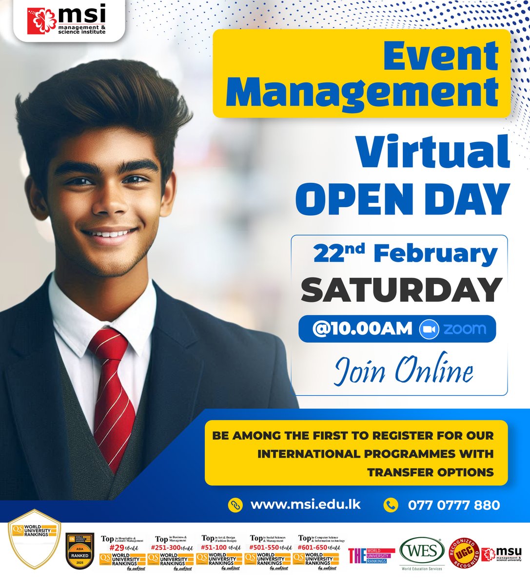 🌟 Join Us for Our Event Management Virtual Open Day! 🌟

🗓 Date: 22nd February 2025, Saturday
🕙 Time: 10:00 AM
💻 Platform: Via Zoom

Join Zoom Meeting
zoom.us/j/98200776621?…

Meeting ID: 982 0077 6621
Passcode: 216862