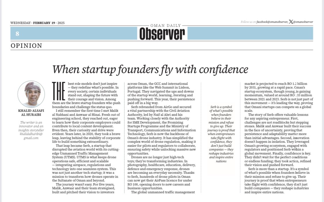 عندما يحّلق رواد الشركات الناشئة عالياً. قصة سرب 🦅🚁
“When Founders Fly they reshape industries &amp; inspire nations. The story of Serb”

omanobserver.om/article/116649…