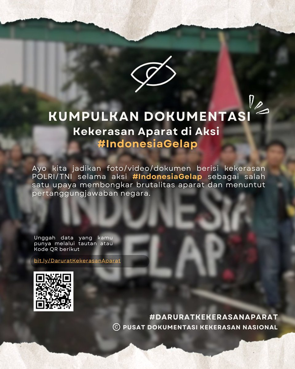 Titik-titik aksi harus terus bermunculan sebab #IndonesiaGelap masih terus berlangsung!

Sebagai salah satu upaya menanggulangi fenomena kekerasan aparat yang kerap muncul di aksi massa, akses Pusat Dokumentasi Kekerasan Nasional di bit.ly/DaruratKekeras…