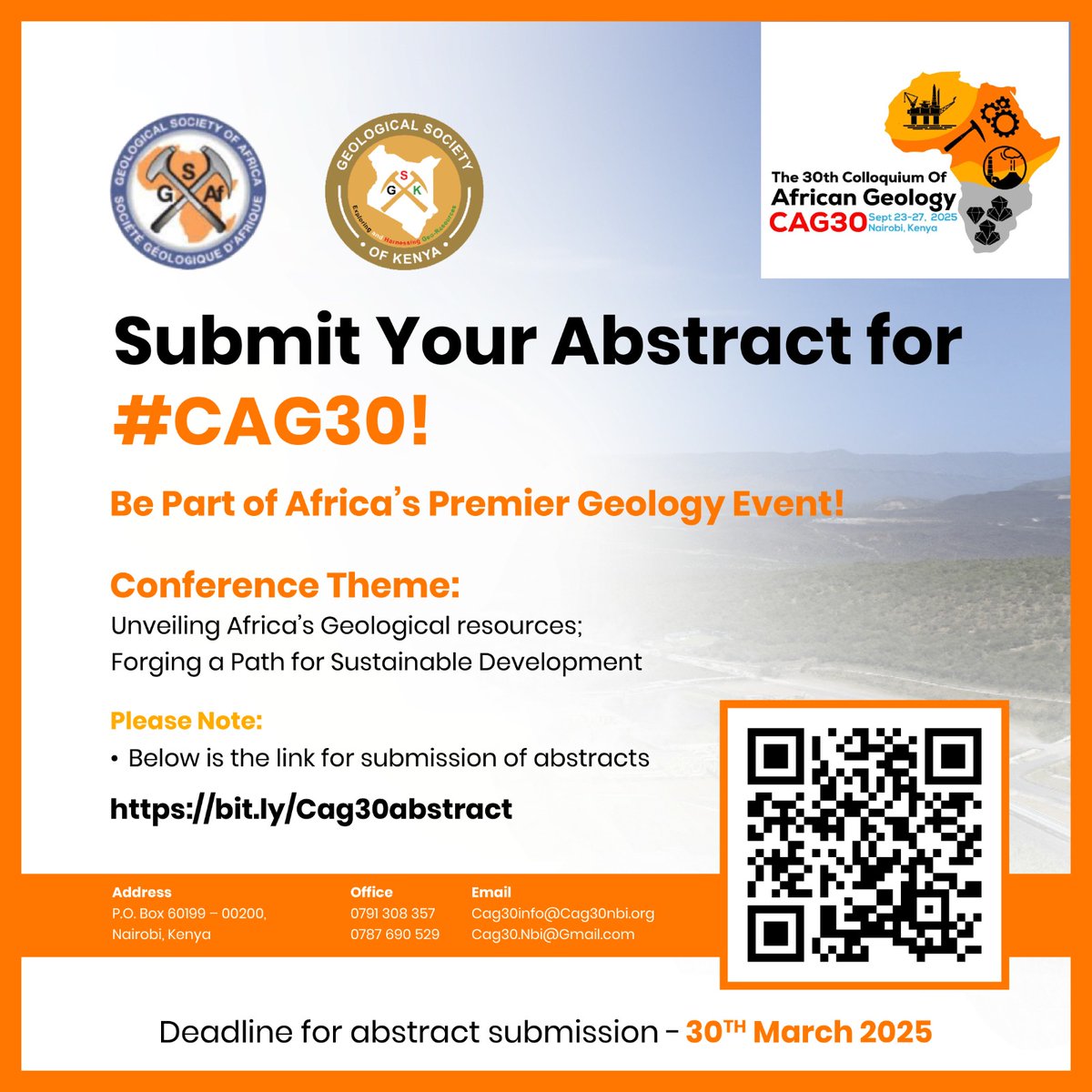 Call for Abstracts: 30th Colloquium of African Geology hashtag#CAG30
Conference &amp; Expo organized by Geological Society of Kenya (GSK) in conjunction with Geological Society of Africa (GSAf)