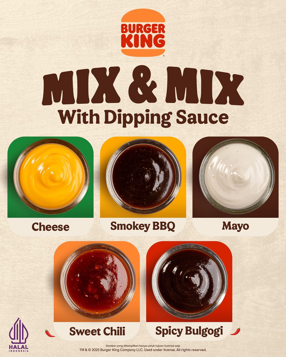The best way to charge your flavor! Siapa di sini yang suka bosen sama rasa yang gitu - gitu aja? Eitss tenang aja! Cobain dulu nih, BK Dipping Sauce yang hadir dalam 5 varian rasa berbeda yang dijamin bikin kamu selalu ketagihan sampe kenyang 🤩