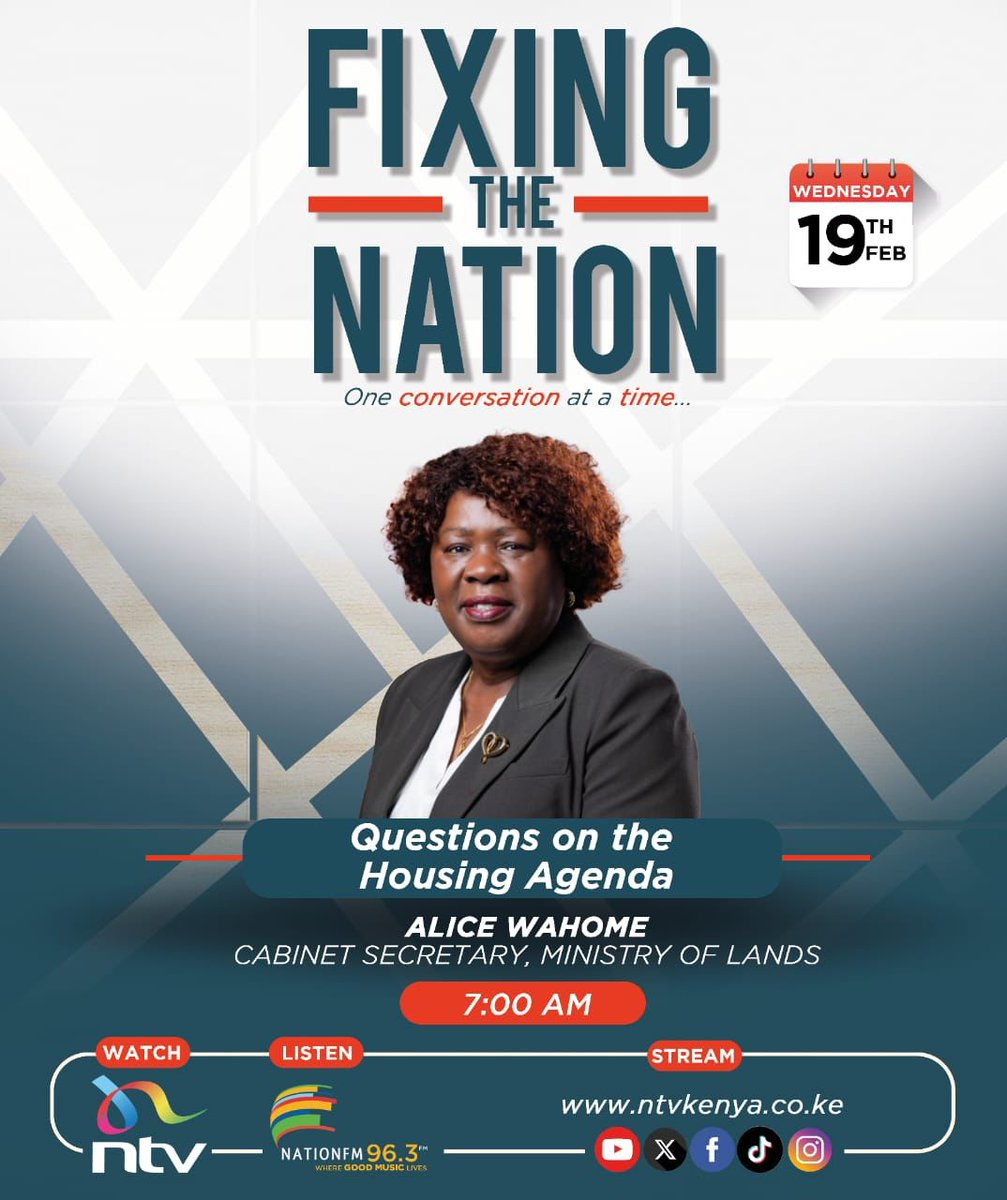 Join Hon. Alice Wahome, Cabinet Secretary for the Ministry of Lands, Public Works, Housing, and Urban Development, this morning on <a href="/ntvkenya/">NTV Kenya</a> and <a href="/NationFmKE/">Nation FM</a> from 7:00 AM as she unpacks the Affordable Housing Programme. Don't miss this insightful conversation on #FixingTheNation.