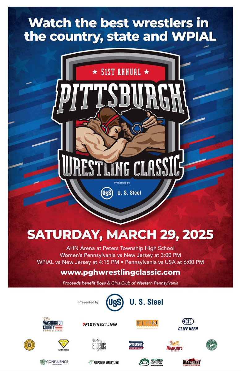 🚨Pittsburgh Wrestling Classic🚨

🤼‍♀️ Women’s PA vs New Jersey All-✨’s
👊 WPIAL vs New Jersey All-✨’s
🔥 PA vs USA All-✨’s

💻  bit.ly/36vr1az
🎟  bit.ly/41pqFfO
📺  bit.ly/4i3JJFB