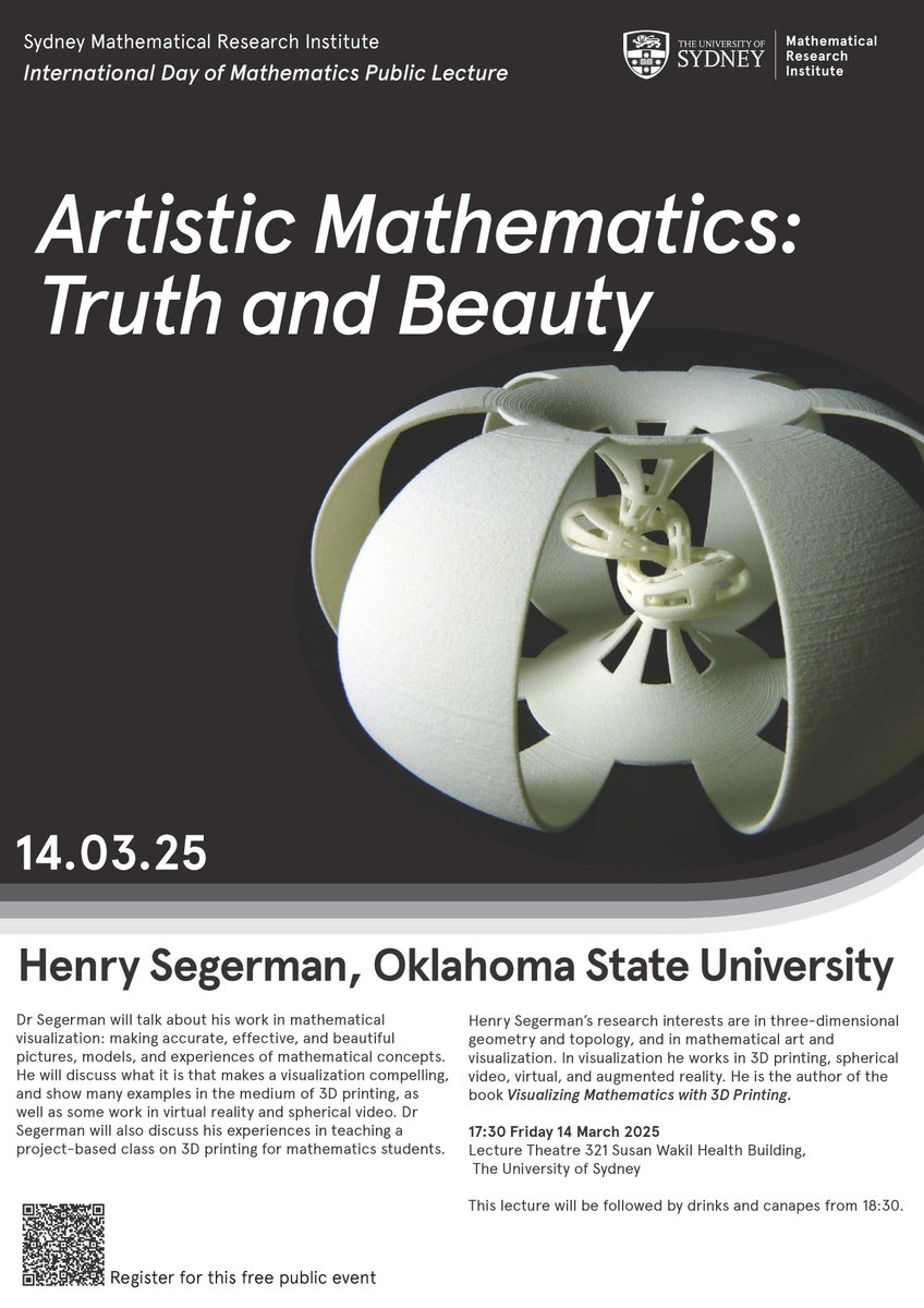 SydMathInst (@sydmathinst) on Twitter photo Exciting news: our 2025 public lecture for International Day of Maths will be by <a href="/henryseg/">Henry Segerman</a>
'Artistic Mathematics: Truth and Beauty' will be on Friday 3.14 (14.3 down under) and will cover mathematical art and visualization
Those in Sydney, register here 👉 Exciting news: our 2025 public lecture for International Day of Maths will be by <a href="/henryseg/">Henry Segerman</a>
'Artistic Mathematics: Truth and Beauty' will be on Friday 3.14 (14.3 down under) and will cover mathematical art and visualization
Those in Sydney, register here 👉