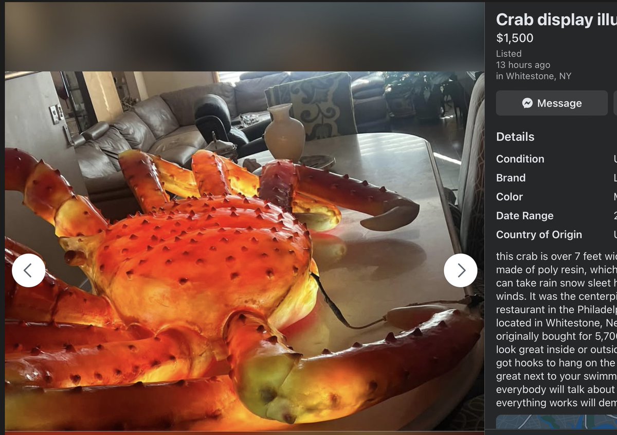 HelloAlexCL's tweet image. Please who can stores this 7-foot crab lamp for me until we find space for it facebook.com/marketplace/it…