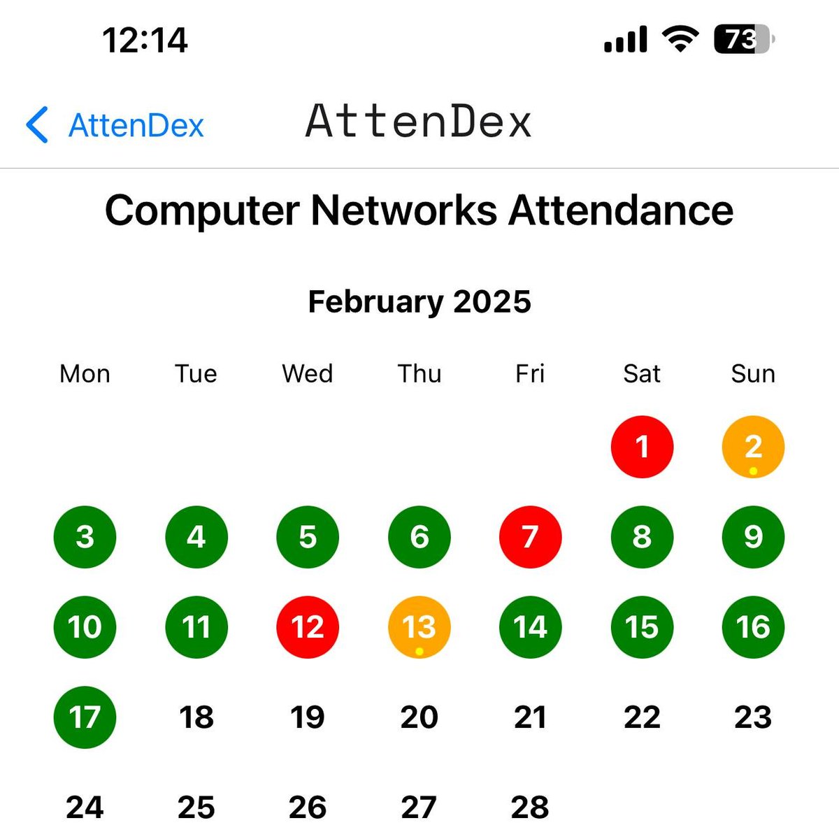 Found a Good Name for my Attendance App: Attendex 

Figma Design Update for the Calendar View Page

🟢- Present
🔴- Absent
🟡- For Other leaves(Duty Leave etc.)

#connect for more updates...

#reactnative #figma #android #buildinpublic #RemoteWork  #javascript