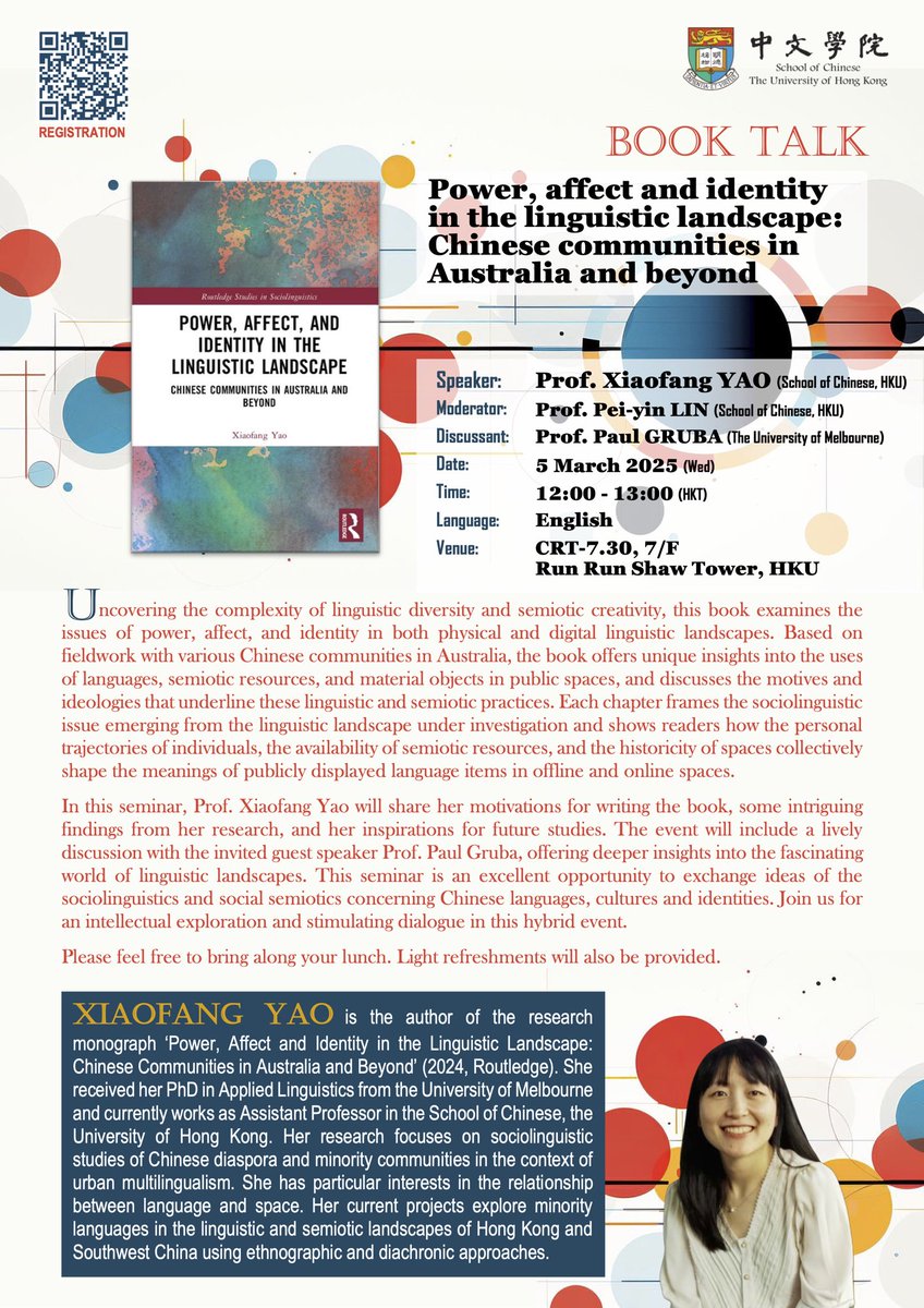 [Book Talk] ☺️☺️I will discuss my new book with Prof. Paul Gruba (The University of Melbourne) on 5 March Wednesday. Please join us in-person for a lunch-time chat on linguistic landscaping!! <a href="/RoutledgeLing/">RoutledgeLinguistics</a> #sociolinguistics Or via Zoom: hku.zoom.us/j/99284747207?…