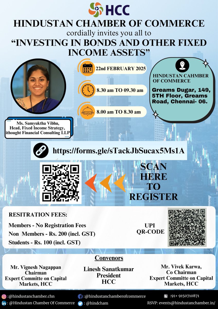 hindcham's tweet image. Join us for a session on Investing in Bonds &amp;amp; Fixed Income Assets with @HindustanCham.

📅 22nd Feb 2025 | ⏰ 8:30 AM - 9:30 AM
📍 Hindustan Chamber of Commerce, Chennai
🎤 Speaker: Ms. Samyuktha Vibhu
🔗 Register here: forms.gle/dJBdNn51JXiqj6…
#FixedIncome #investing  #HCC
