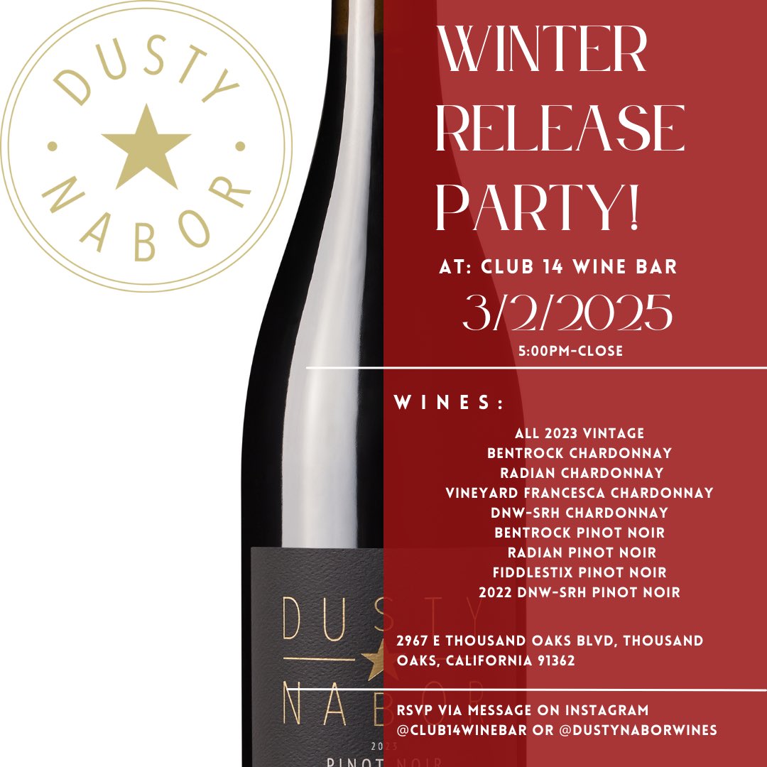 Dusty Nabor Wines (@dustynaborwines) on Twitter photo Join us at <a href="/club14winebar/">Charles Hirsh</a> on Sunday March 2nd at 5pm-close for a Winter Release Party! 4 Chards for a white flight and 4 Pinots for a red flight. All wines will be available for sale. Don’t miss out and look forward to seeing you there! Join us at <a href="/club14winebar/">Charles Hirsh</a> on Sunday March 2nd at 5pm-close for a Winter Release Party! 4 Chards for a white flight and 4 Pinots for a red flight. All wines will be available for sale. Don’t miss out and look forward to seeing you there!