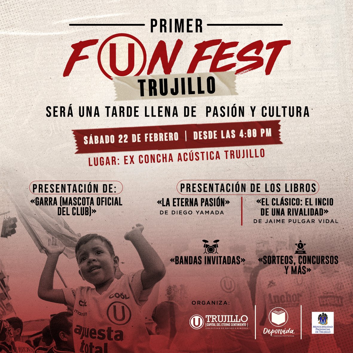 🎉 ¡Atención familia crema!
El fútbol, la cultura y pasión se unen en un solo lugar.
Disfrutemos dr un fin de semana en forma de (U).

📍 Ex Concha Acústica Trujillo | 🗓️ 22 de febrero | 🕓 4:00 p.m.
* Ingreso libre.

¡Te esperamos!
#TrujilloesdeUniversitario