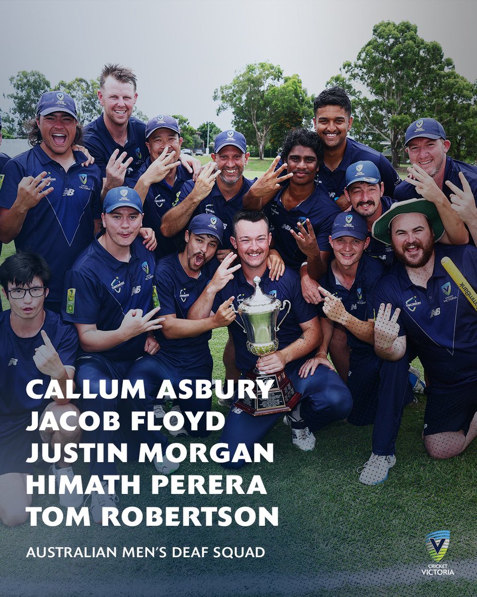 cricketvictoria's tweet photo. Congratulations to our five Victorians - Callum Asbury, Jacob Floyd, Justin Morgan, Himath Perera and Tom Robertson - on being named in the Australian Men's Deaf Squad to Tour India next month! 💛💚
📲 Read more: https://t.co/fsTaSbMrYh
#VictorianDeafCricket #AGameForAll https://t.co/r7aKf8MRlX