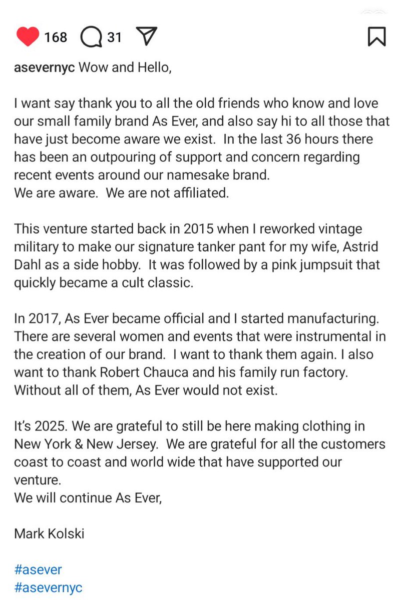 QLoTII's tweet image. Please see below, statement from the owner of As Ever NYC.  

This is a heartbreaking statement.  Please share with all news outlet so they can see how unconscionable and vile Meghan Markle has hurt someone’s business by STEALING their likeness.