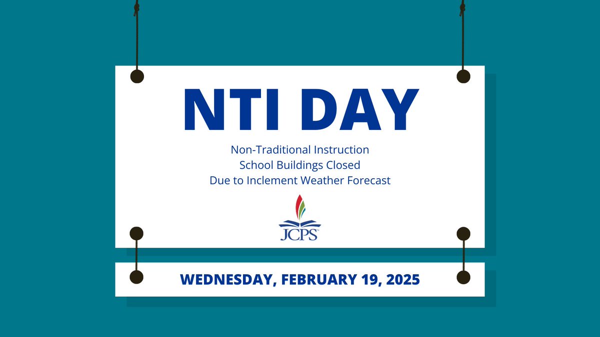 ❄️NTI DAY| Due to forecasted snow during the morning commute, JCPS will utilize a Non-Traditional Instruction (NTI) Day on Wednesday, February 19, 2025. All athletic and extracurricular activities are canceled for Wednesday.