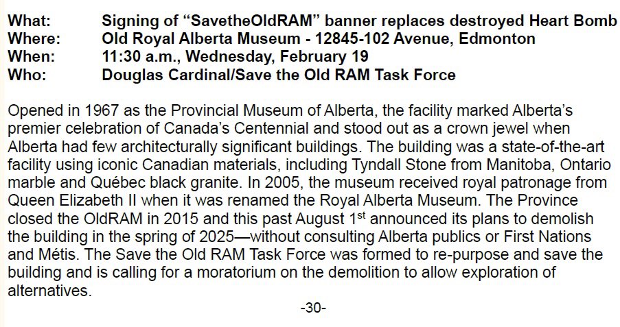 dawnvalentine's tweet photo. They took down our 200 heart bombs. We’re putting up a 15-foot banner.
World renowned architect Douglas Cardinal, of the Save the Old RAM Task Force, is expected to be in attendance. Please join us to raise the banner and add your signature.
Wed., Feb.19, 11:30AM
#savetheoldRAM https://t.co/RpouoIjwmK