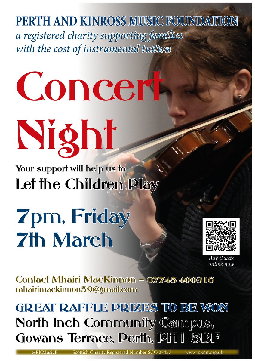 Bands playing are Perthshire Youth Brass
Perth and Kinross Big Band
Piping ensemble
Senior string orchestra
Percussion ensemble. 

There will also be a raffle on the night. Donations for this are very welcome