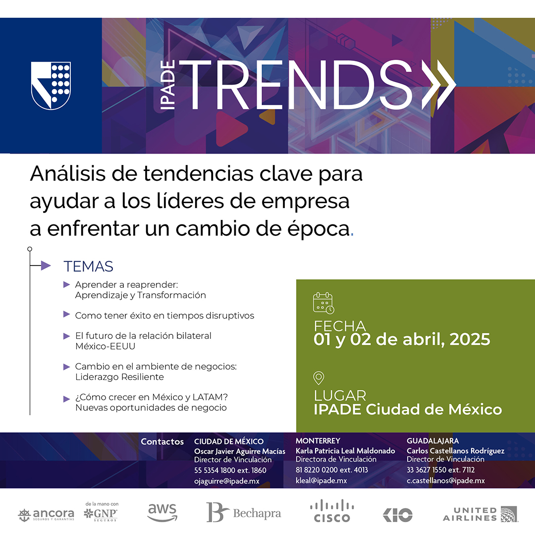 ipade's tweet photo. Asegura tu lugar en el #IPADETrendsForum y transforma tu visión empresarial. Conecta con la red empresarial más relevante de México y lidera este cambio de época.

¡01 y 02 de abril, 2025!
Inicia tu registro aquí: https://t.co/DCFZbt49kE
#IPADE https://t.co/0rEi39nrRx