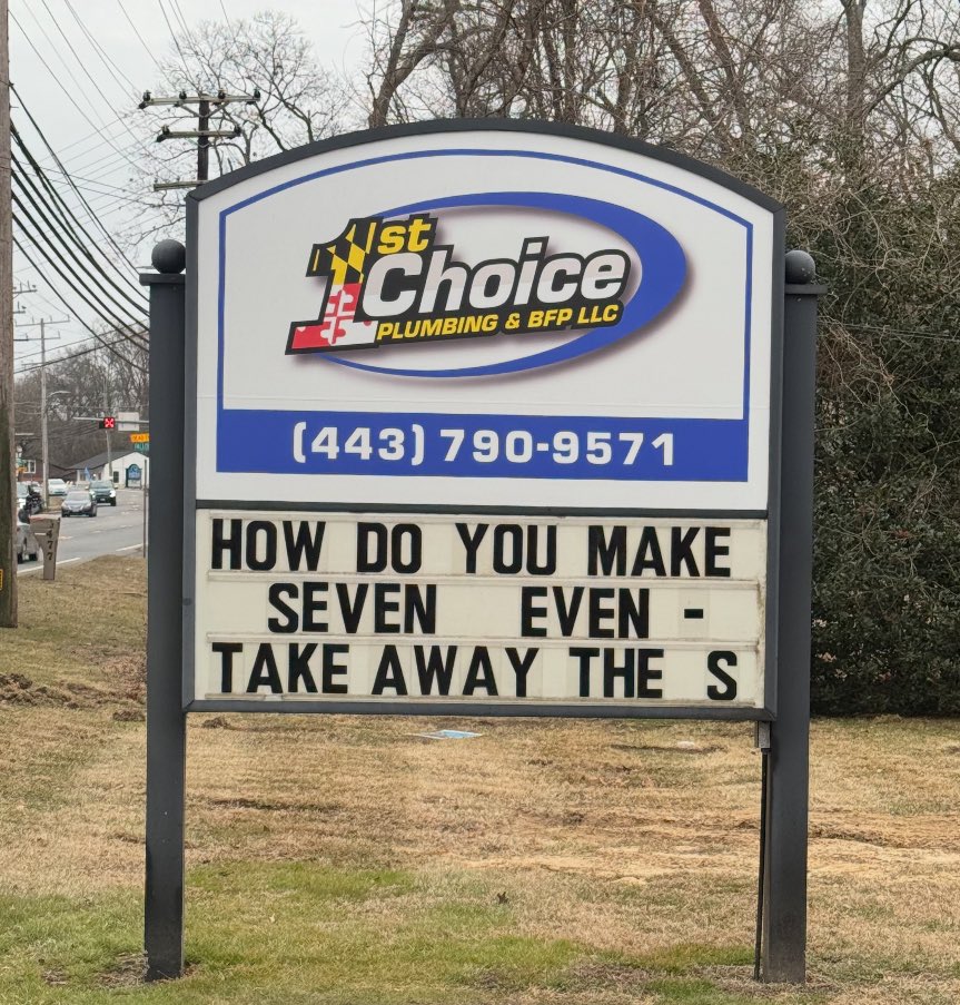 plumbing_choice's tweet photo. How do you make seven even? Take away the S! 🙂

Give us a call for all your plumbing needs📞

Check out our reviews!
https://t.co/ljPyRdTwlA

Website
https://t.co/9MfHWhIKZq

#JokeOfTheWeek #plumbing #plumber #draincleaning #backflow #pasadenamd https://t.co/sbDxYtjbsq
