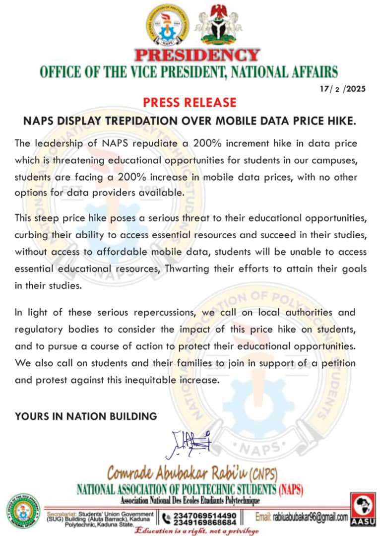 Bookhar1090's tweet photo. PRESS RELEASE
For immediate release

Monday, 17th February, 2025

NAPS display trepidation over Mobile Data Price Hike. https://t.co/tAgb8S9kzg