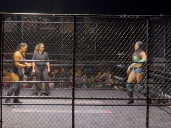 NVhowlingWolves's tweet photo. #CCWAlive Ep.230

     The Dime @theclarachange 👜
              🆚 Nikki Blackheart 
             ⛓️ in a Steel Cage ⛓️

 Clara utilized a bicycle helmet for 
 some extra offense potency but fell 
 short of the Victory.

Gotta have more Clara Matches!
📸 @CCWAliveTV on YouTube https://t.co/TnkkGx5UYS