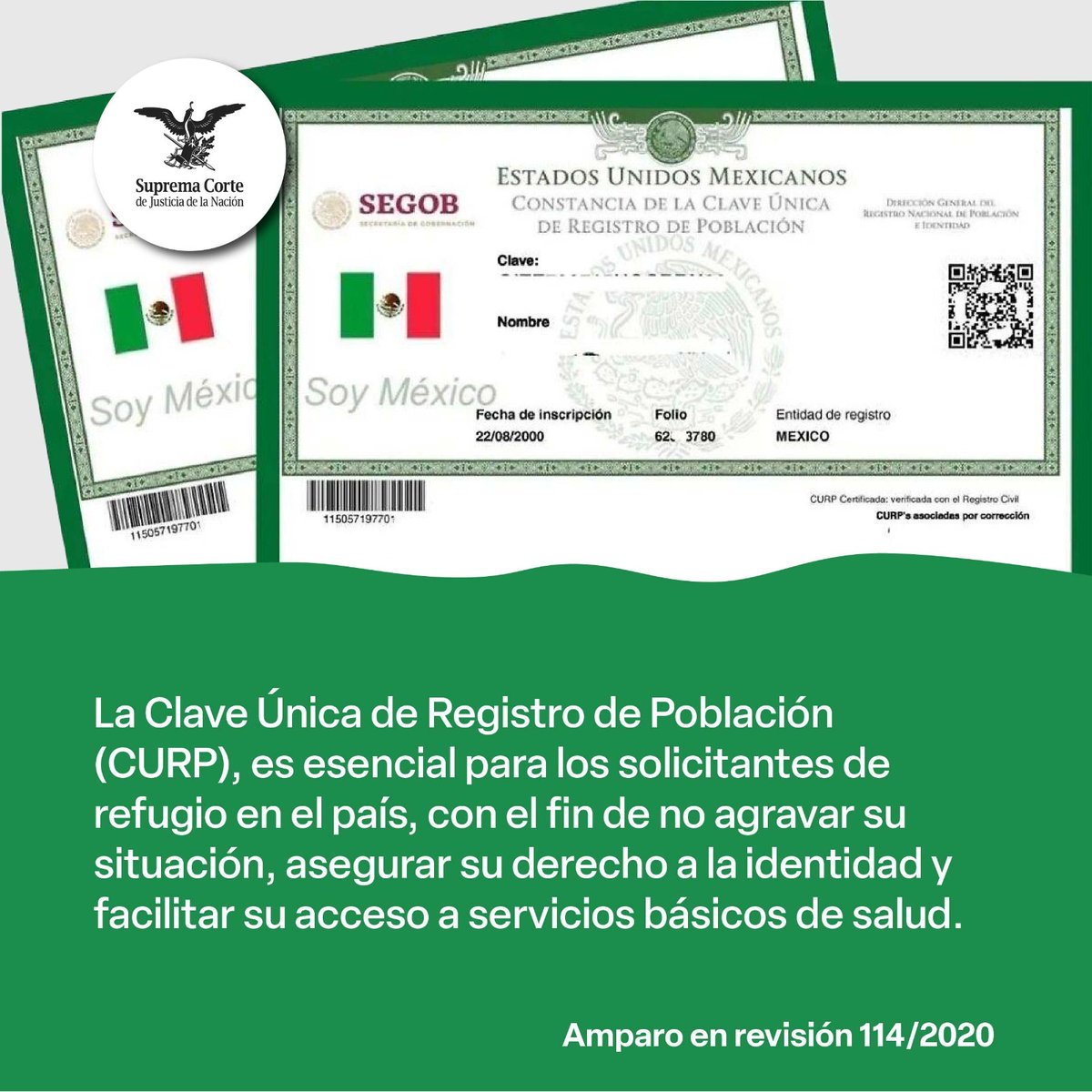 #LaCorte determinó que el Estado Mexicano está obligado a otorgar la CURP a personas refugiadas que así lo soliciten, para proteger sus derechos a la identidad, igualdad, no discriminación, entre otros, y asegurar su acceso a salud, educación o trabajo.

👉