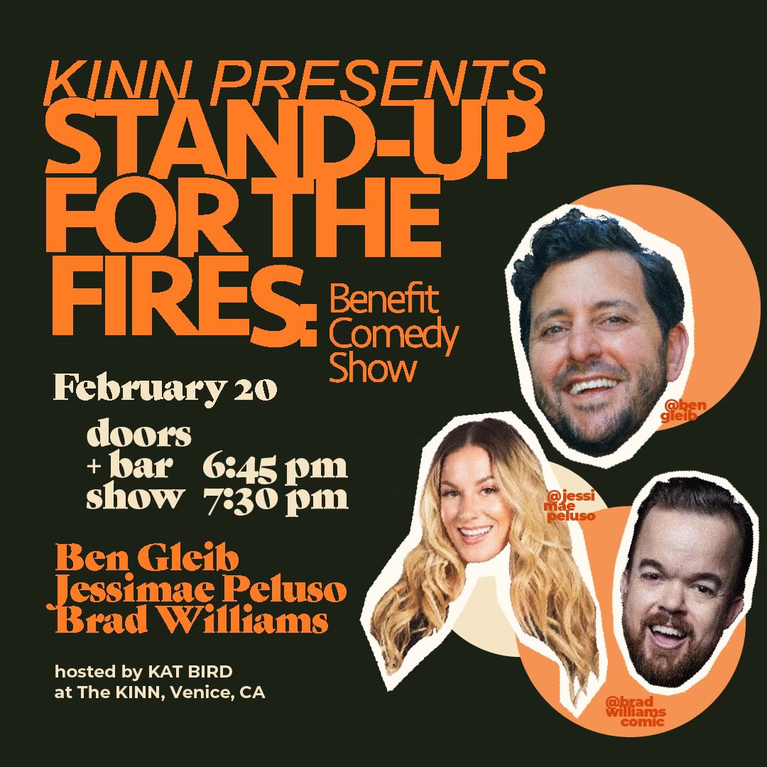 Venice! Lineup for this Thur is announced!
I got two of my funniest friends <a href="/funnybrad/">Brad Williams</a> <a href="/JessimaePeluso/">Jessimae Peluso</a> to join us at The Kinn to raise $ for 🔥survivors &amp; make sure our city fully recovers.
Gonna be a hilarious night. Don't miss it. Get your tix now! lu.ma/kinnpresents-b…