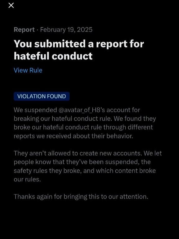 SuspenderTeam's tweet photo. Dear @Safety & @XSecurity of @X,
Thank you for taking action against hateful conduct by suspending @avatar_of_H8, an account spreading anti-Hindu and anti-India hate.
Your enforcement of community guidelines helps create a safer platform. 🤝
#StopHate #SaferX #suspended https://t.co/sQxfLrVZ1p