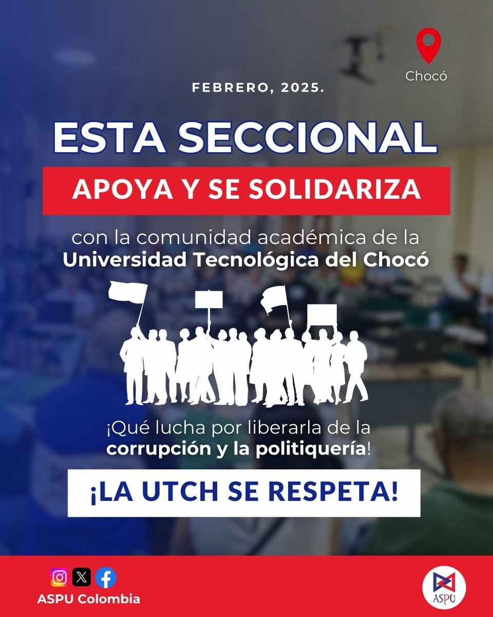 ASPU Colombia (@aspu_colombia) on Twitter photo #Chocó || Desde la Asociación Sindical de Profesores Universitarios apoyamos y nos solidarizamos con la <a href="/UTCH_/">Universidad Tecnológica del Chocó</a> 🔴🔵
¡La UTCH se respeta! #Chocó || Desde la Asociación Sindical de Profesores Universitarios apoyamos y nos solidarizamos con la <a href="/UTCH_/">Universidad Tecnológica del Chocó</a> 🔴🔵
¡La UTCH se respeta!