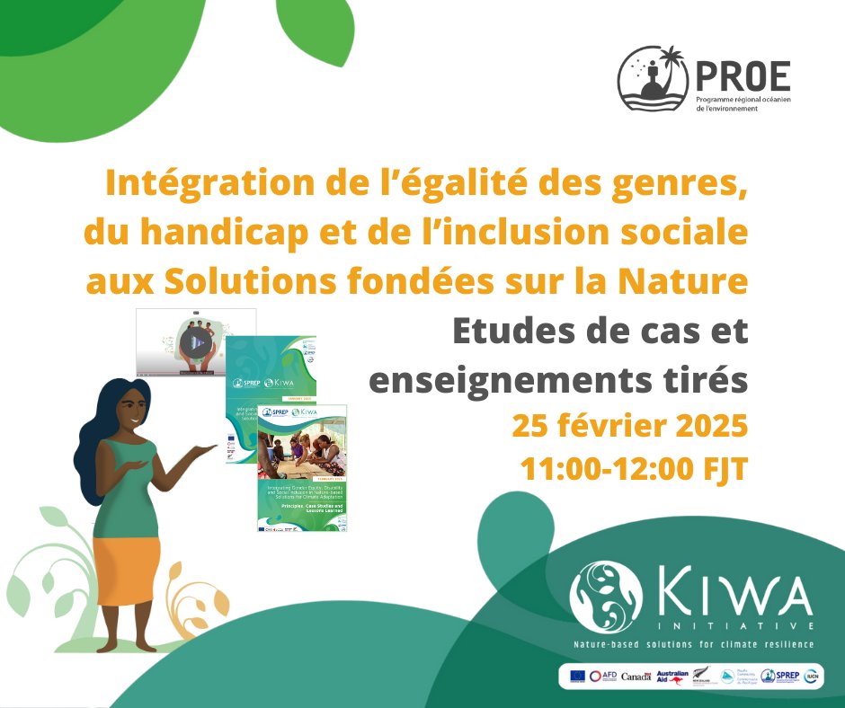 Rejoignez-nous en ligne pour en savoir plus sur la mise en pratique des principes d’égalité des genres, de handicap et d’inclusion sociale dans les projets de #SfN des îles du Pacifique.
🐬25 février 2025 🌿11h00 – 12h00 (FJT)
Lien d’inscription ➡️ tiny.cc/4zia001