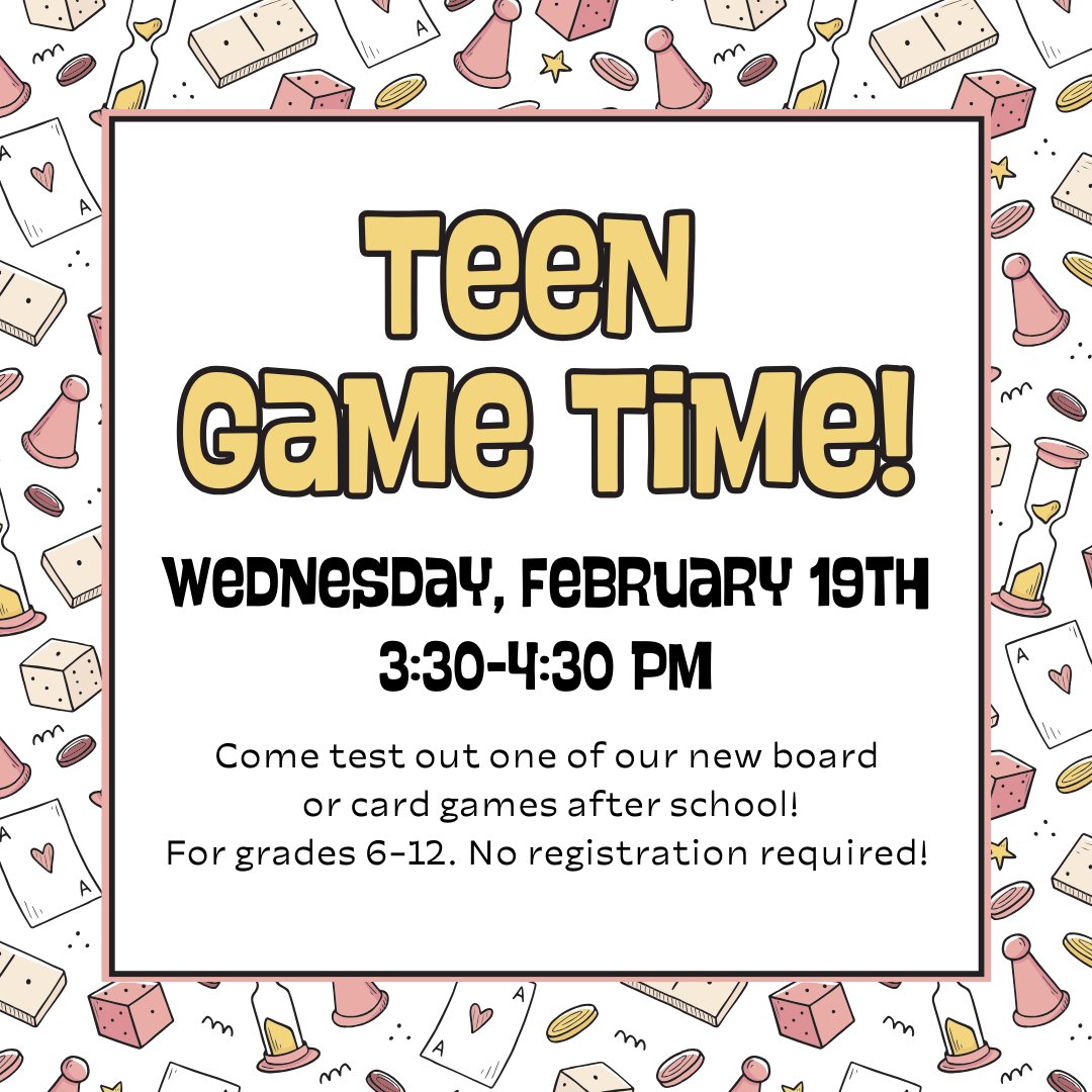 CanalFultonLIB's tweet photo. Try out a new game at Teen Game Time, happening on Wednesday, February 19th at 3:30pm! https://t.co/M0yJkNpHDK