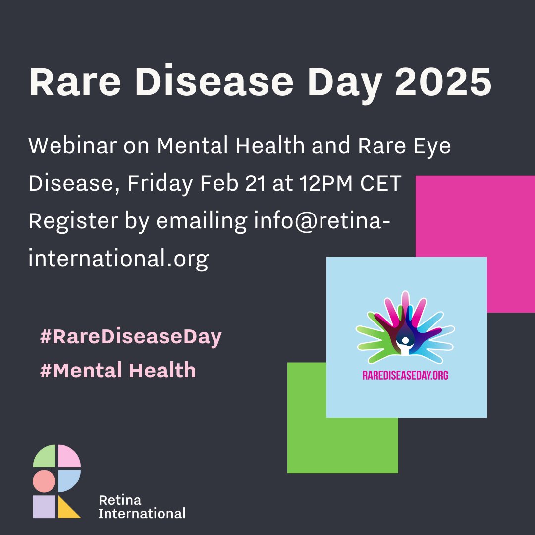 Retina Australia (@retinaaustralia) on Twitter photo 28th February is Rare Disease Day. <a href="/Retina_Int/">Retina International</a> is hosting a webinar on 21st Feb to discuss the impact on mental health. Register at info@retinainternational.org.
#rarediseaseday2025 #rarediseaseday #irds #inheritedretinaldiseases #retinaaustralia 28th February is Rare Disease Day. <a href="/Retina_Int/">Retina International</a> is hosting a webinar on 21st Feb to discuss the impact on mental health. Register at info@retinainternational.org.
#rarediseaseday2025 #rarediseaseday #irds #inheritedretinaldiseases #retinaaustralia