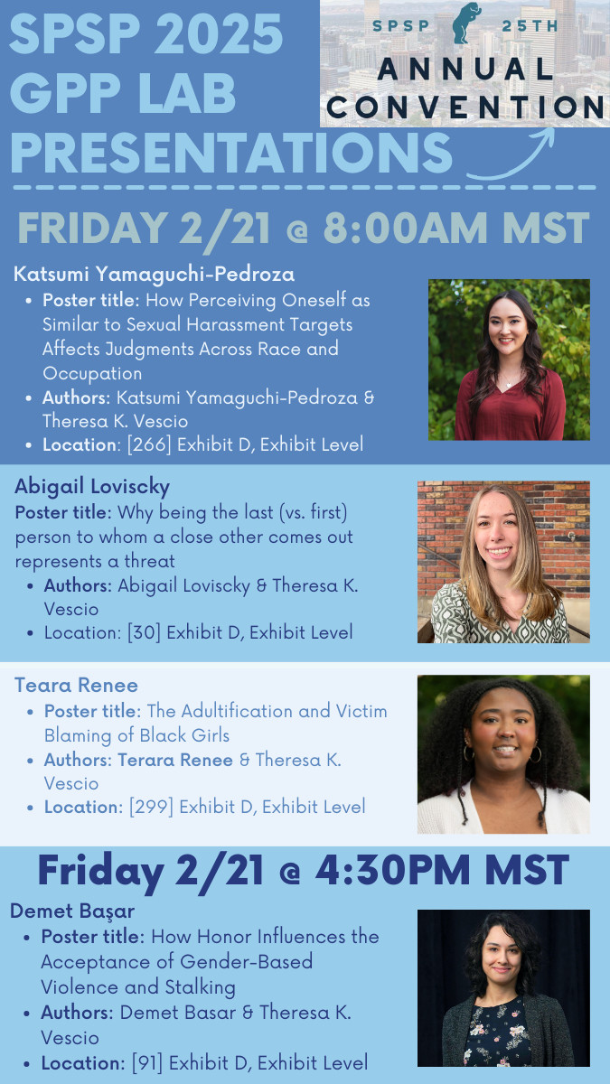 Terri Vescio (@tvescio) on Twitter photo Come visit our graduate students at #SPSP this week! Or learn about our research on our website: vesciolab.com
<a href="/katsumi_yp/">Katsumi Yamaguchi-Pedroza</a> <a href="/Demetbasar/">demet baĆar</a> <a href="/teararenee1/">teararenee</a> <a href="/SPSPnews/">Society for Personality and Social Psychology</a> <a href="/SPSPmtg/">SPSP Annual Meeting</a> <a href="/PSUPsychology/">Penn State Psychology</a> <a href="/PSUresearch/">Penn State Research</a> <a href="/PSULiberalArts/">Penn State College of the Liberal Arts</a> <a href="/VescioGPPlab/">Gender, Power, & Privilege (GPP) Lab at Penn State</a> Come visit our graduate students at #SPSP this week! Or learn about our research on our website: vesciolab.com
<a href="/katsumi_yp/">Katsumi Yamaguchi-Pedroza</a> <a href="/Demetbasar/">demet baĆar</a> <a href="/teararenee1/">teararenee</a> <a href="/SPSPnews/">Society for Personality and Social Psychology</a> <a href="/SPSPmtg/">SPSP Annual Meeting</a> <a href="/PSUPsychology/">Penn State Psychology</a> <a href="/PSUresearch/">Penn State Research</a> <a href="/PSULiberalArts/">Penn State College of the Liberal Arts</a> <a href="/VescioGPPlab/">Gender, Power, & Privilege (GPP) Lab at Penn State</a>