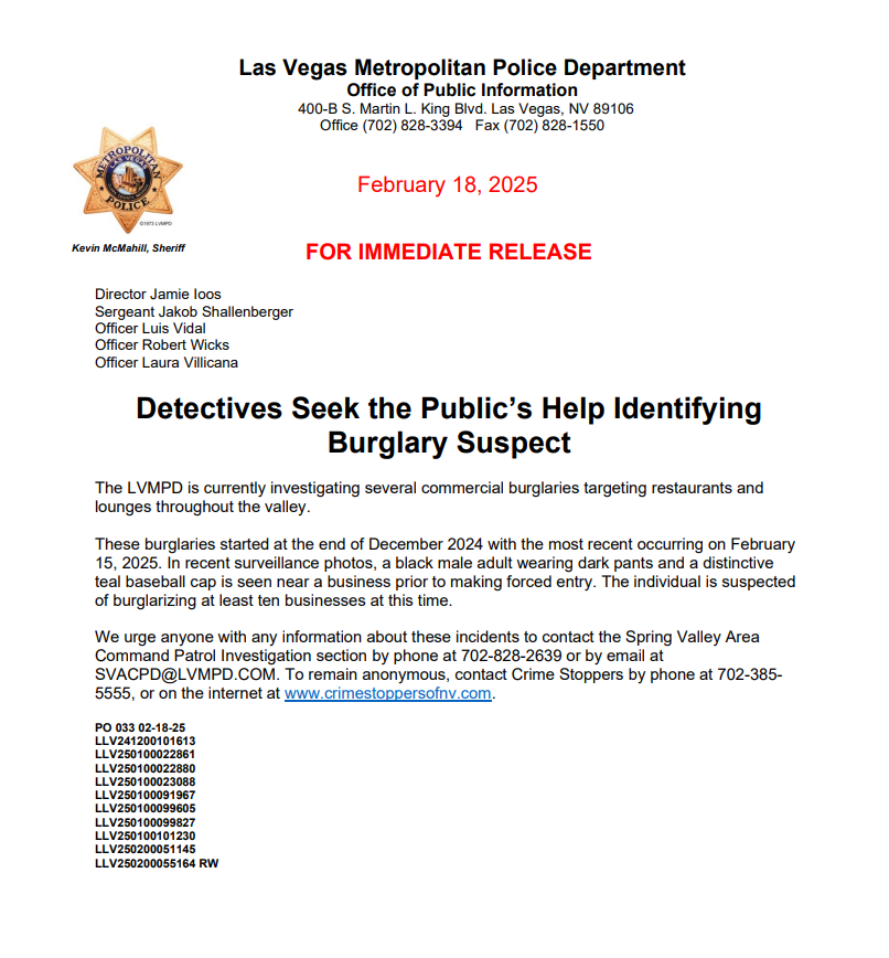 LVMPD's tweet photo. 🚨Do you recognize this suspect?🚨

Detectives are seeking the public's help identifying an individual who is suspected of committing several burglaries throughout the Las Vegas Valley.

Anyone with any information about these incidents is urged to contact detectives at 702-828-2639 or by email at SVACPD@LVMPD.COM. To remain anonymous, contact @CrimeStoppersNV.