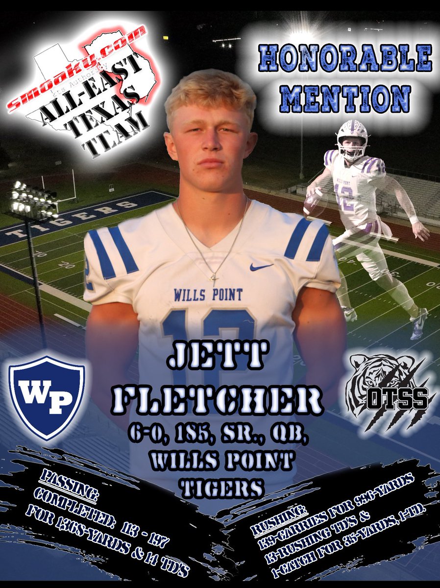 CONGRATS TO ONE OF OUR OWN TIGER FOOTBALL PLAYERS RECEIVING HONORABLE MENTION FOR THE SMOAKY ALL-EAST TEXAS TEAM! #OTSS