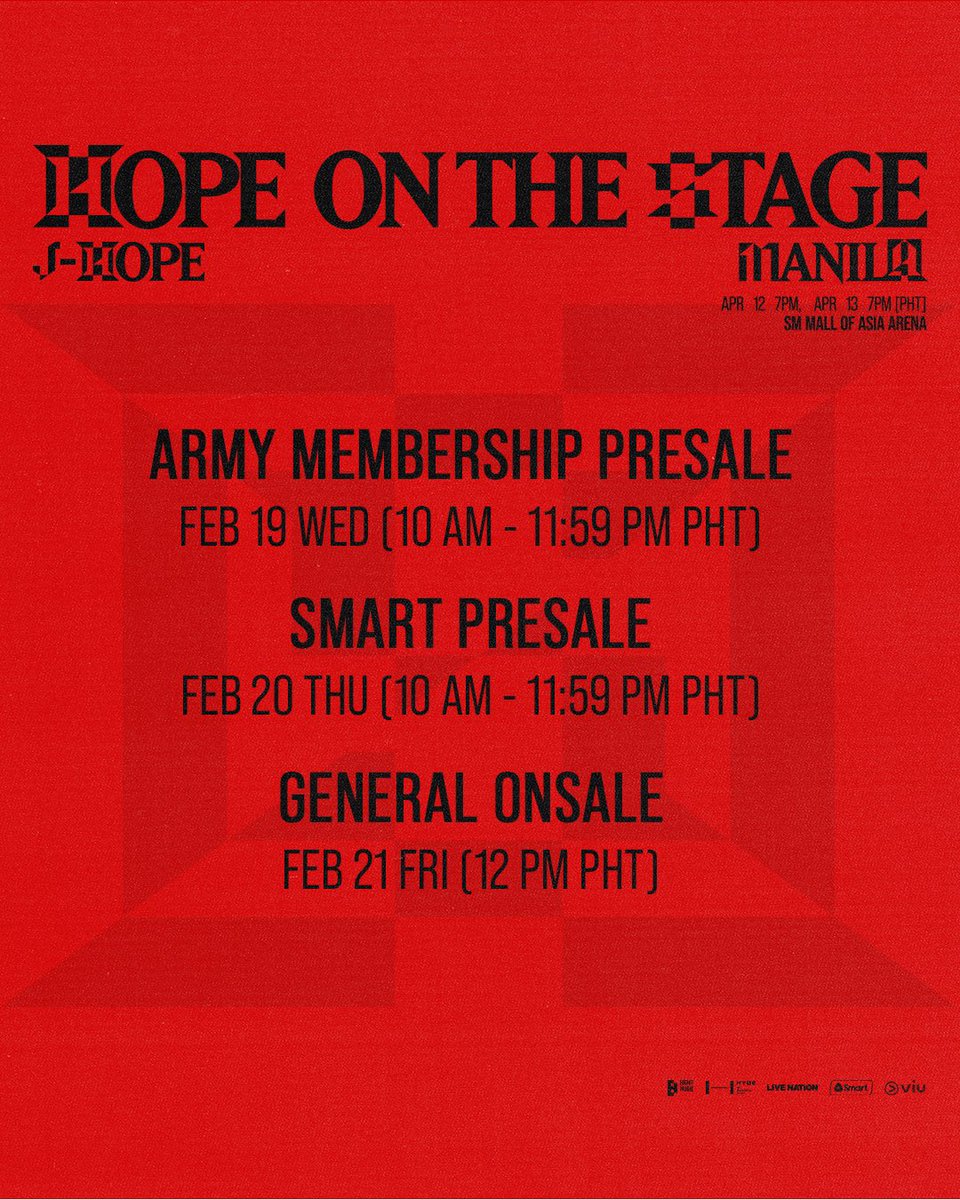 livenationph's tweet photo. Reminder, ARMY! ARMY Membership Presale starts TODAY at 10AM until 11:59PM! 💜

j-hope Tour ‘HOPE ON THE STAGE’ in MANILA
📅 April 12 &amp; 13, 2025
📍SM Mall of Asia Arena

#제이홉 #jhope #jhope_TOUR
#HOPE_ON_THE_STAGE_TOUR_Manila
#HOS_TOUR_Manila https://t.co/pLA13ZFmnK