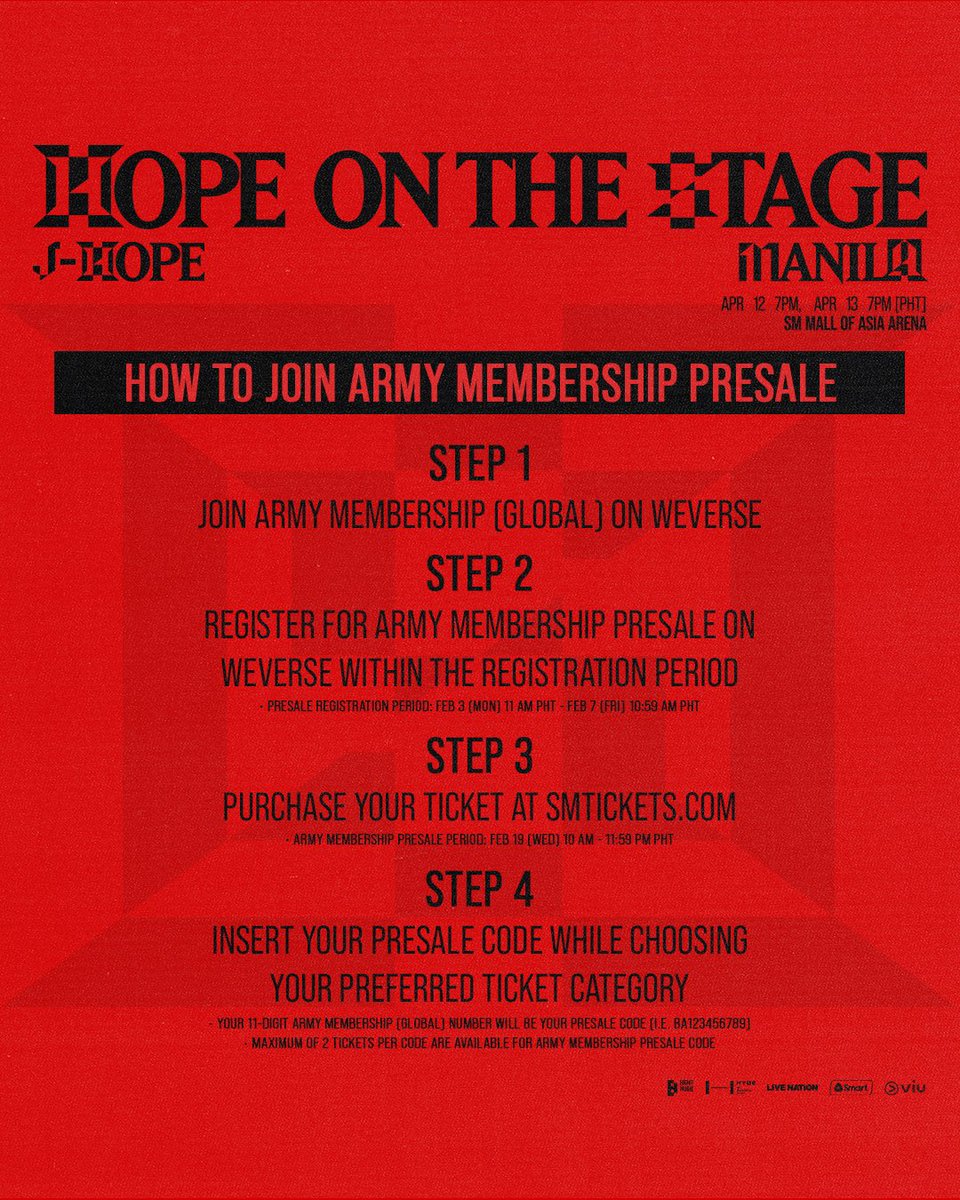 livenationph's tweet photo. Reminder, ARMY! ARMY Membership Presale starts TODAY at 10AM until 11:59PM! 💜

j-hope Tour ‘HOPE ON THE STAGE’ in MANILA
📅 April 12 &amp; 13, 2025
📍SM Mall of Asia Arena

#제이홉 #jhope #jhope_TOUR
#HOPE_ON_THE_STAGE_TOUR_Manila
#HOS_TOUR_Manila https://t.co/pLA13ZFmnK