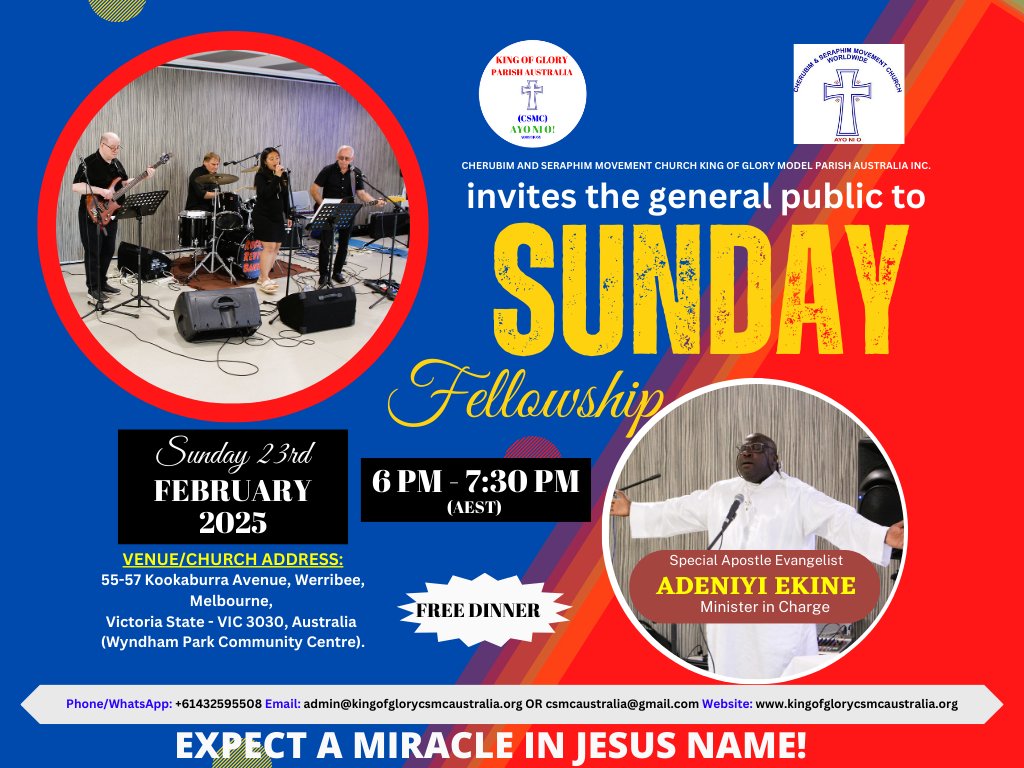 csmcaustralia's tweet photo. #AyoNioAustralia FELLOWSHIP WITH US THIS SUNDAY, 23RD FEBRUARY, 2025 AT THE KING OF GLORY MODEL PARISH CSMC AUSTRALIA #KingofGloryModelParishCSMCaustralia
ADDRESS: Wyndham Park Community Centre, 55 - 57 Kookaburra Avenue, Werribee (Vic 3030), Melbourne, Victoria, Australia https://t.co/gHV6vBnzBk