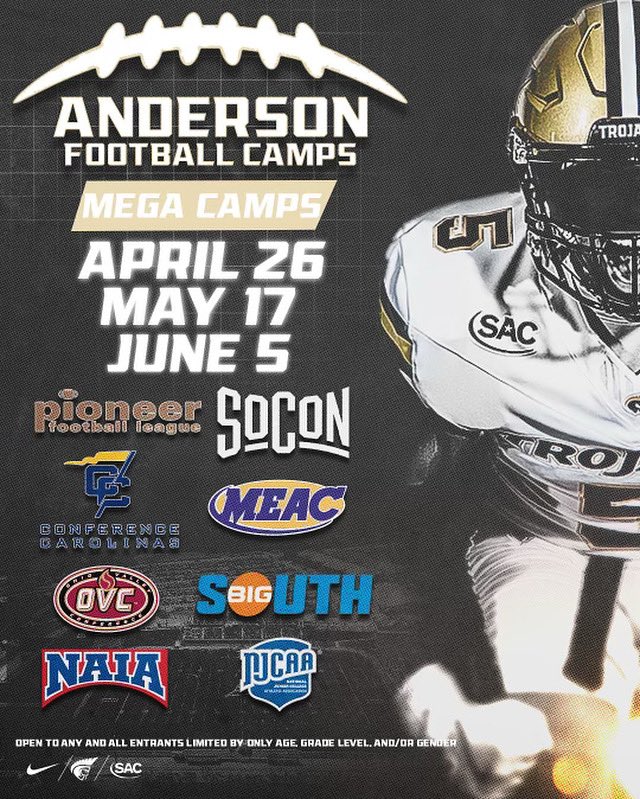 I get calls everyday from 2025 prospects that got “left out.” Don’t look back and say “I should have”camped <a href="/AUTrojansFB/">Anderson Trojans Football</a> …..Give yourself every chance to be evaluated! 
<a href="/SCFCA1/">SCFCA</a> 
<a href="/GFCACoaches/">@gfcacoaches</a> 
<a href="/ncFBcoaches/">NCFCA - NC FOOTBALL COACHES ASSOCIATION</a> 
andersonfootballcamps.totalcamps.com/shop/EVENT