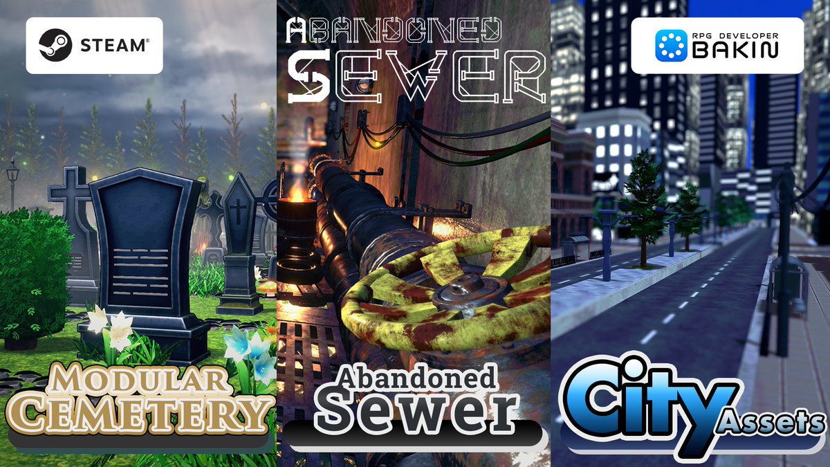 2月26日発売】#RPGBakin 新DLCストアページ先行公開📢  地下水道や墓地、高層ビルといったホラーや現代風の世界観にぴったりな3Dリソースパックが登場！ 1⃣ Abandoned Sewer 2⃣  Modular Cemetery 3⃣ City Assets 👉今すぐウィッシュリストへ！ Steam News 🔽https://t ...