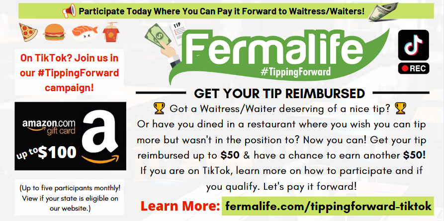 fermalife's tweet photo. 🍽️Do you know about our #TippingForward campaign on TikTok? Have a favorite waiter or waitress who deserves a great tip? We’ll reimburse a tip you give, up to $50 with an #AmazonGiftCard! (Plus, you could earn an extra $50!) Learn more: https://t.co/QBSVBYgPa1 https://t.co/ttJRuYgmxI