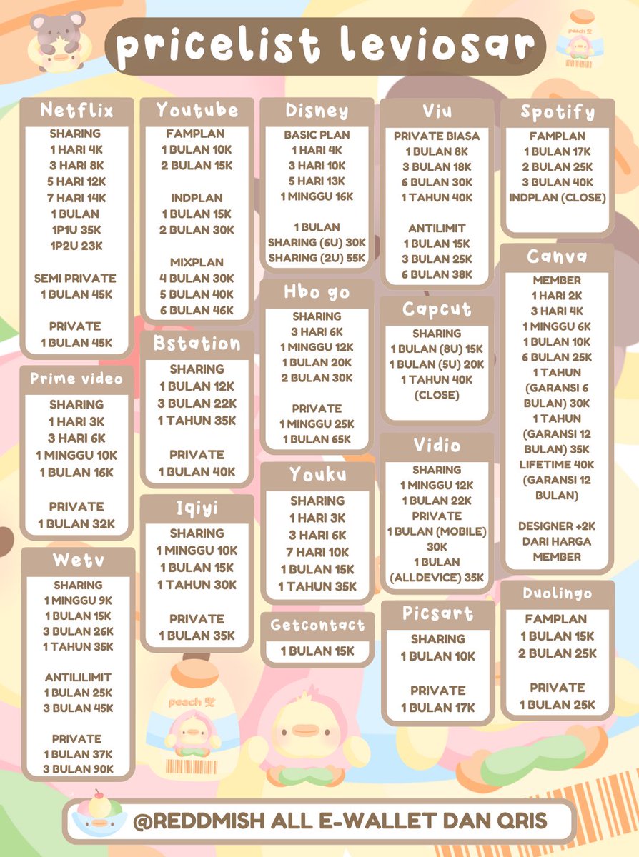 widguet's tweet image. WTS WTB JUAL APLIKASI PREMIUM HARIAN MINGGUAN BULANAN FULL GARANSI

READY NETFLIX SPOTIFY YOUTUBE VIU DISNEY PRIME VIDEO BSTATION HBO GO CAPCUT CANVA WETV IQIYI VIDIO

☎️ dm @reddmish or wa tiny.cc/wa-leviosar

#zonauang