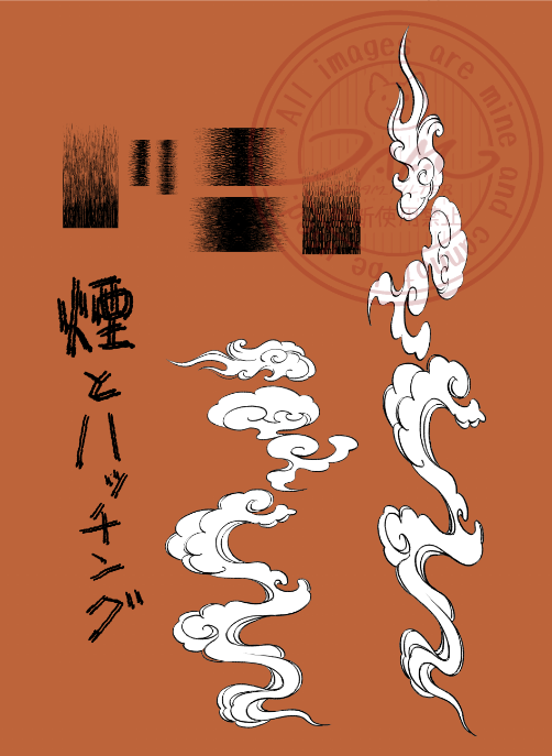 妖怪本ももうすぐ発売なので、妖怪本からご紹介☆
👻背景素材~👻
今回用に描いた煙系のクリスタのブラシをいくつか。
背景の隙間を埋める用に描いたのだけど、ざっくり荒めに描いてるので、加筆前提で下描きやアタリにすることの方が多かったかも(人魂・霊・煙・炎)