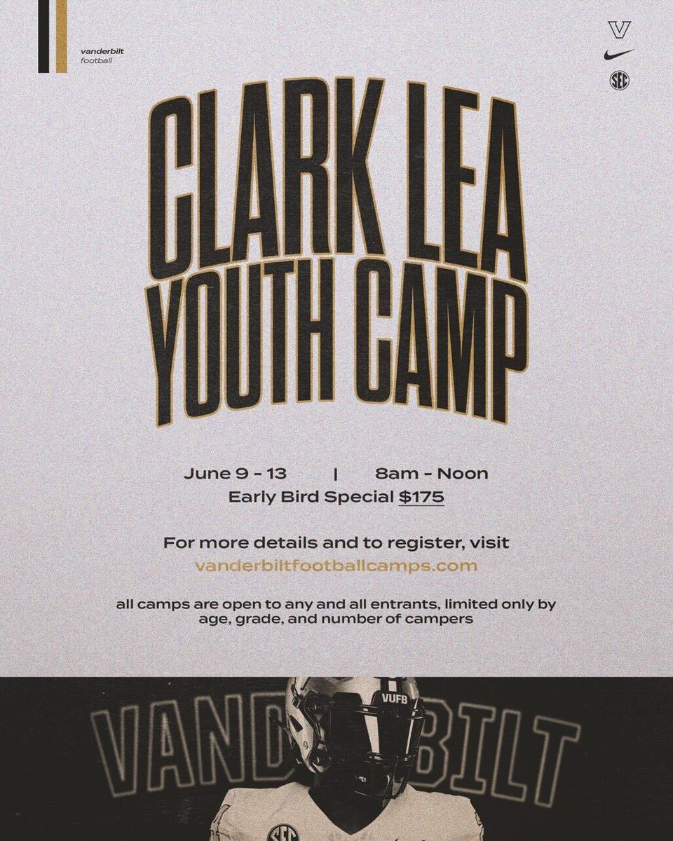 One month till camp!

Don’t wait, register today ⬇️

🔗 vanderbiltfootballcamps.com