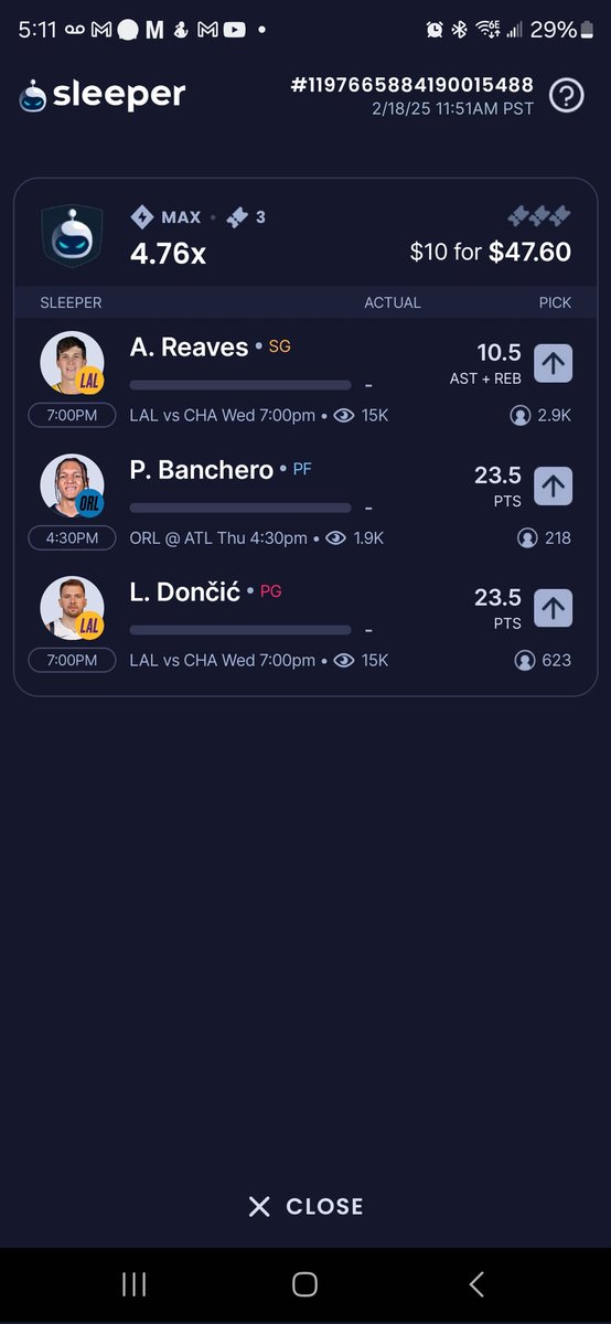I did some picks on stream today and im a fan of the lakers tomorrow and for 1 game only ty <a href="/SleeperHQ/">Sleeper</a>