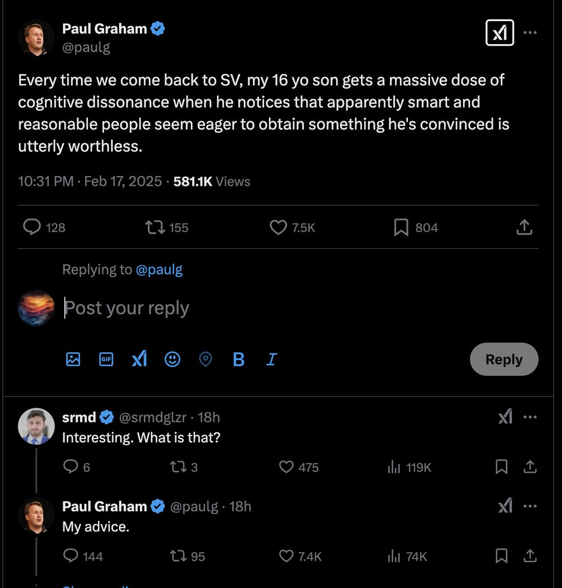 FeynLogic's tweet image. Son of @paulg hasn&apos;t realized yet that sometimes you get money when you ask for advice.