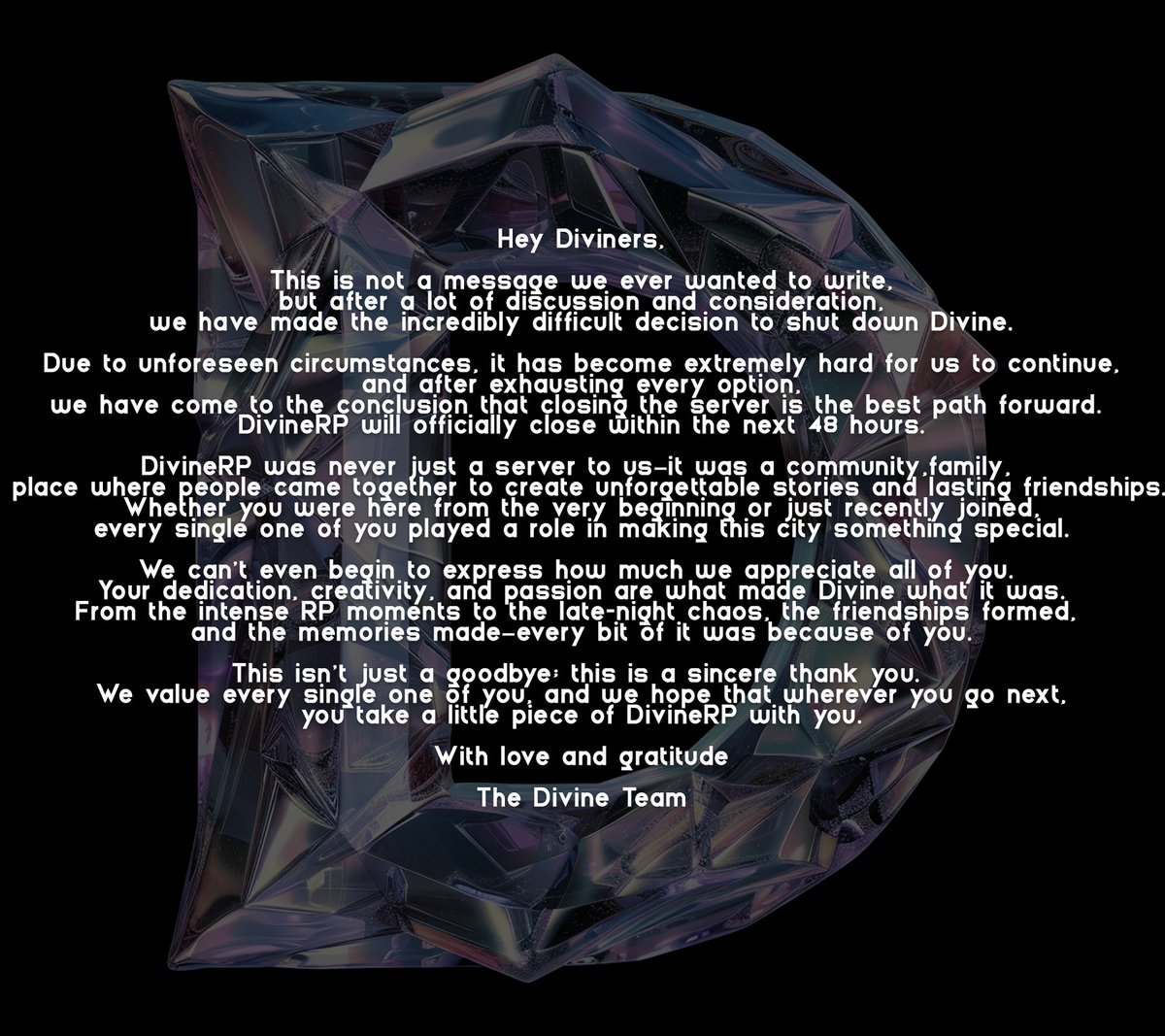 We truly appreciate each and every single one of you!
Thank you for the nice times!
- DivineRP 💜