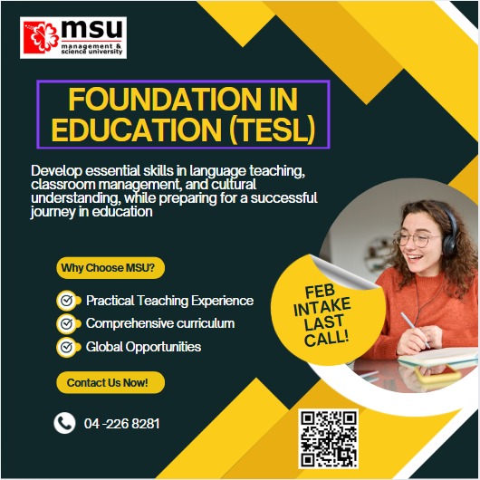 MsuPenang's tweet photo. Start your journey to becoming an educator! Join the Foundation in Education (TESL) at MSU this February intake and shape the future of language learning.
#beaneducator
#education
#msumalaysia
#msucollege_penang https://t.co/NedP1o4H2B