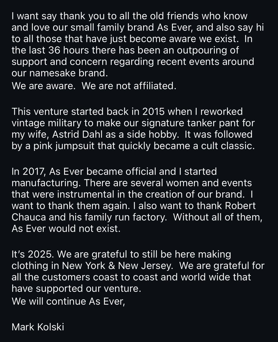 hrrysgreysuit's tweet photo. A message from the owner of #asevernyc on their IG page. 

After her latest grab of copying someone else’s brand name,  I’m 100% convinced that Me was that mean girl in school who cheated on tests and stole kids' ideas. She is an awful person. https://t.co/TqFtl52xDR