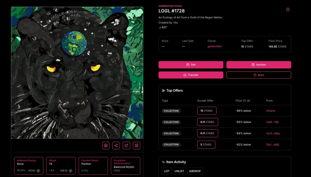 loglnft's tweet photo. New Raffle @Plstakingcom hosted by Team @Underworld_NFTs
An og #GardentheoGuild #NFT is up for grabs
#LOGL #1728
🐈⬛Black Panther w/ Balanced Mystic crystalline consciousness ☯️
Enter ur raffle tickets now & get ready 4 the Futura Collection release!
https://t.co/CzWJ0EiAib https://t.co/k2fOYKesiY