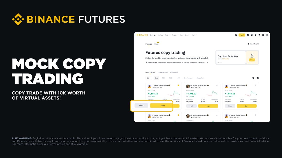 Did you know Binance Copy Trading has a "Mock Copy" feature?

Try copy trading risk-free with $10,000 in virtual funds to find the perfect portfolio for you.

Mock Copy Today 👉 binance.com/en/blog/future…